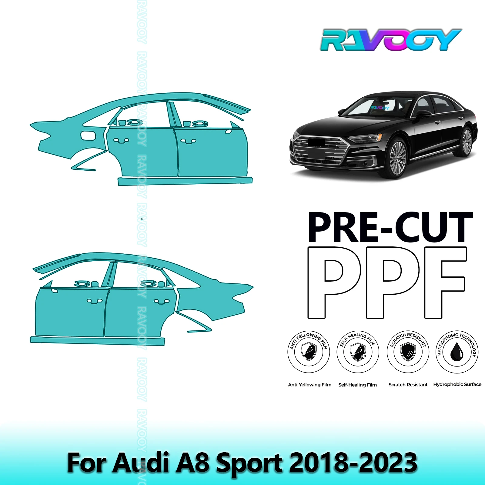 

For Audi A8 Sport 2018-2023 8.5mil Clear Matte Pre-Cut PPF Door & A/B Pillar Kit TPU Paint Protection Film Set