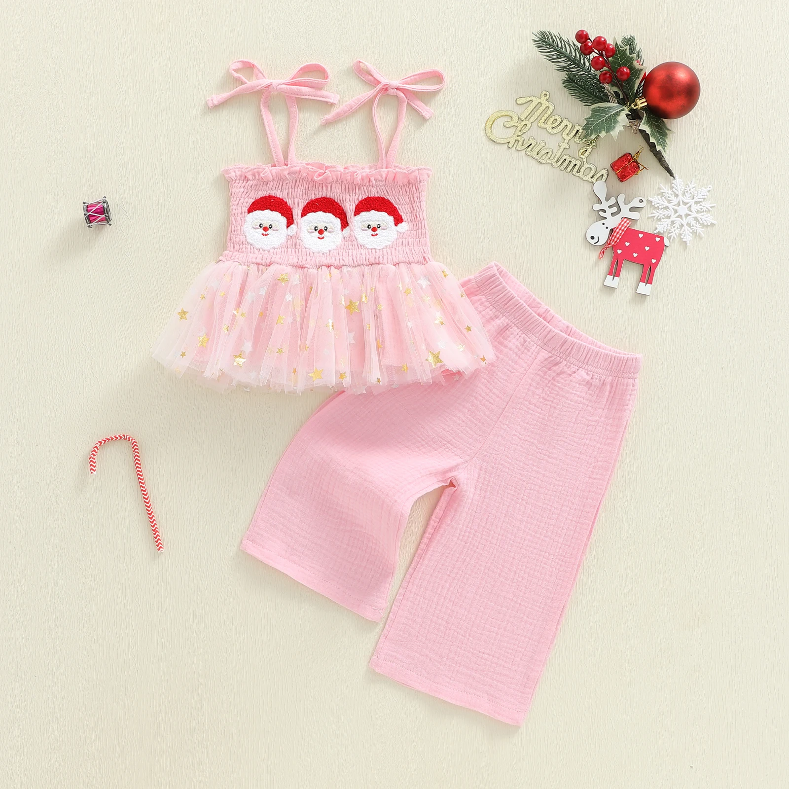 

Toddler Girl Christmas Outfits Santa Embroidery Sleeveless Tie-up Camisole Tops + Elastic Waist Pants Two Pieces Set