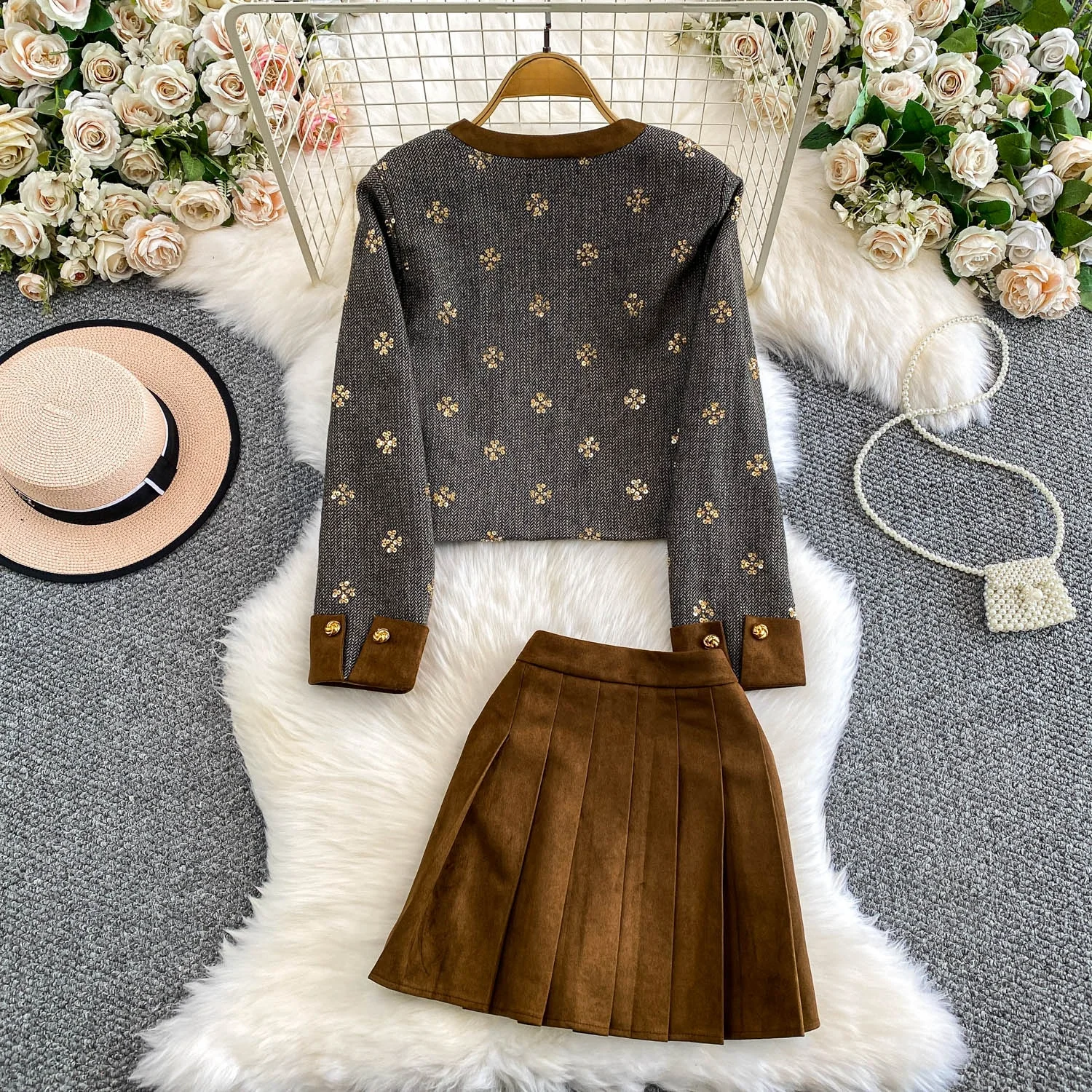 Ele ort jas en rokset met pailletten zwaar borduurwerk hertenhuid fluweel geplooid diamant ingebed herfstfaion voor dames...