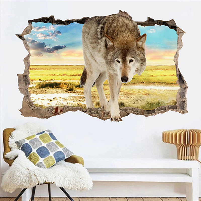 Snow Wolf 3D Vinyl Broken Wall Hole Art Mural Stickers Home Decorations for Living Room Animal Grassland Landscape Wallpaper