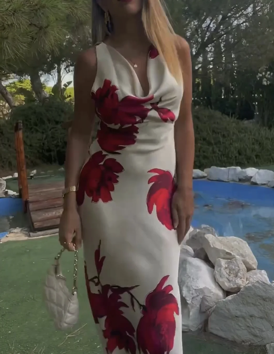 

2024 New Women's European And American Style Fashion Flower Silk Satin Midi Dress Street Style Elegant Printed Long Skirt