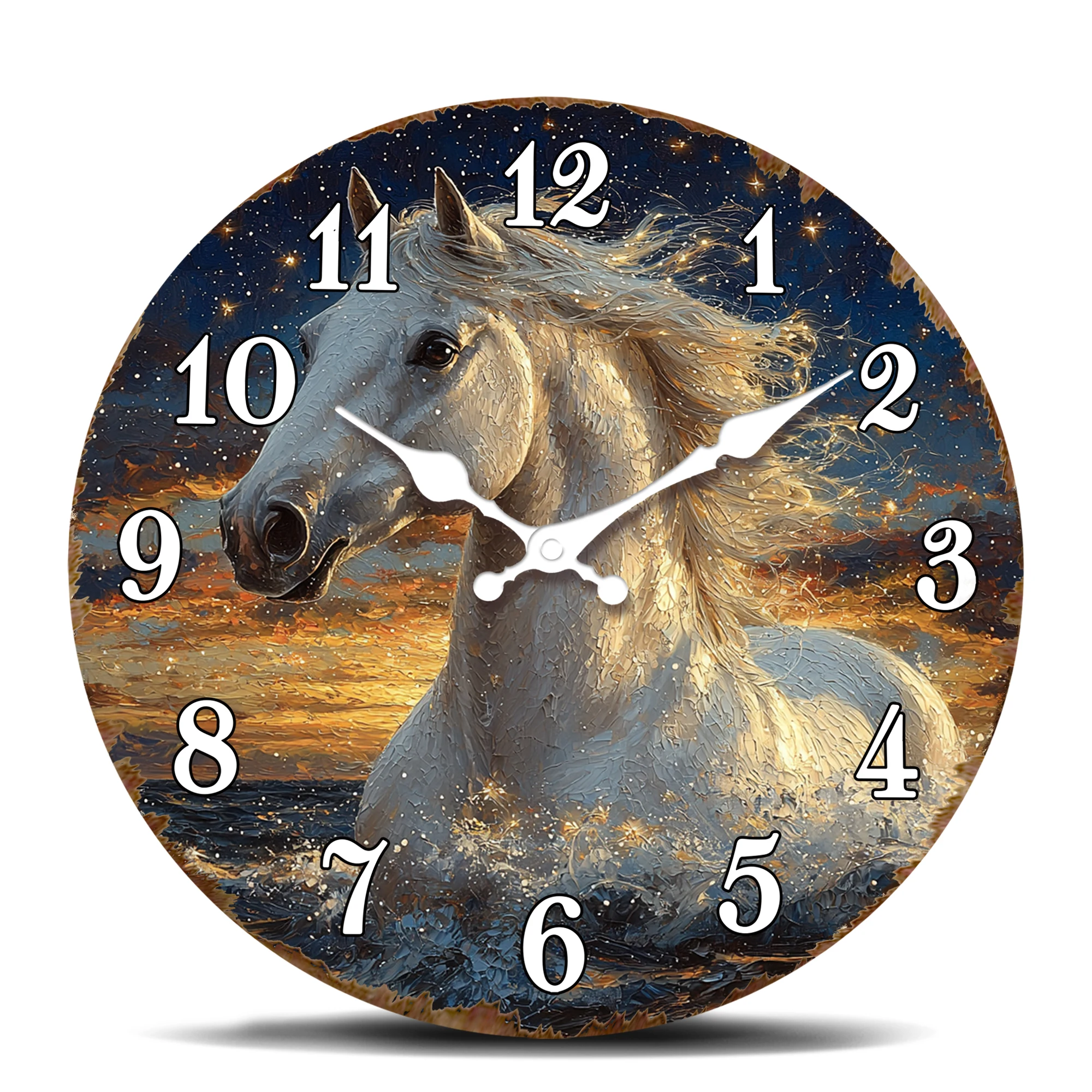 Reloj de Pared con Caballo Galopante, Arte Equino Dinámico, Reloj Redondo, Diseño de Caballo Blanco en Movimiento, Reloj con Fondo de Noche Estrellada