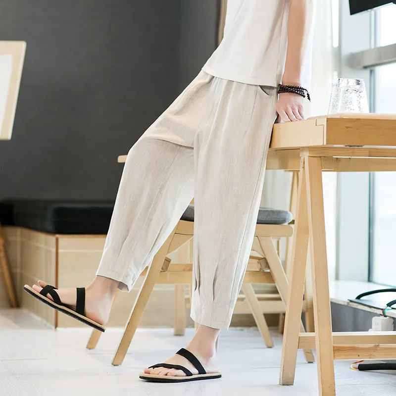 

Men's Chinese Style Casual Pants Linen Blend Loose Fit Trousers Plus Size Spring Summer Solid Color Ethnic Loose Harem Pants Man