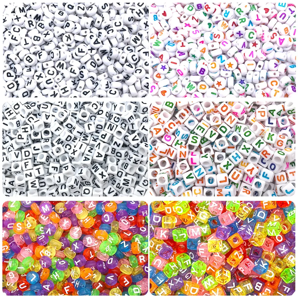 Randomly Mix 100pcs Acrylic 26 English Letter Beads Round Square White Background Color Letters Spacing Beads