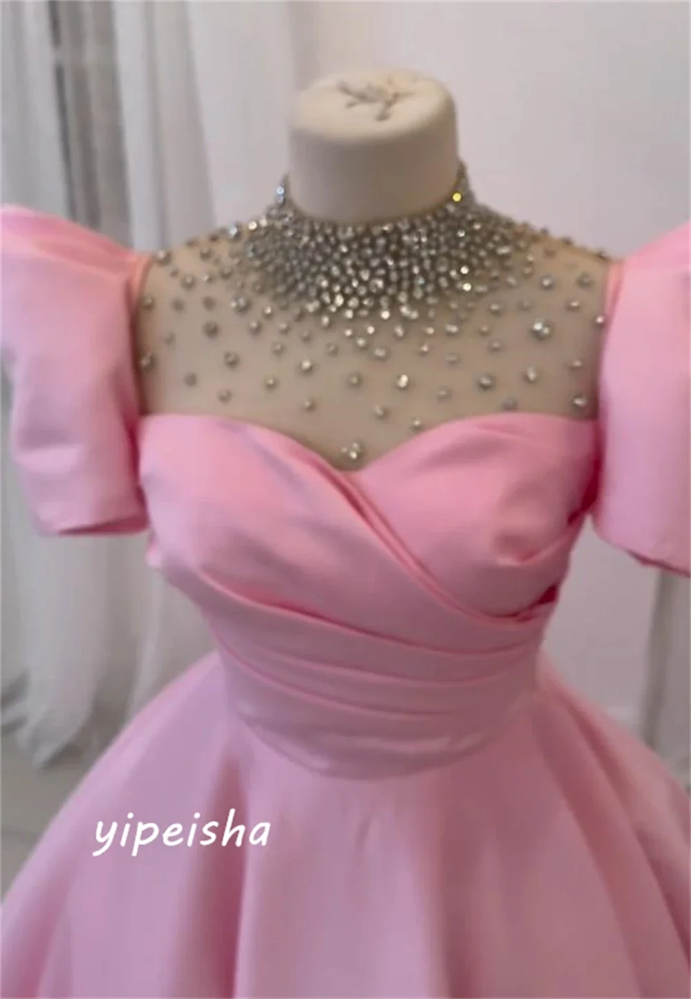 Customized Elegant Women High Collar Ball Gown Quinceanera Shirred Beading Floor Length Charmeuse Evening Vestido Exquisite Cla