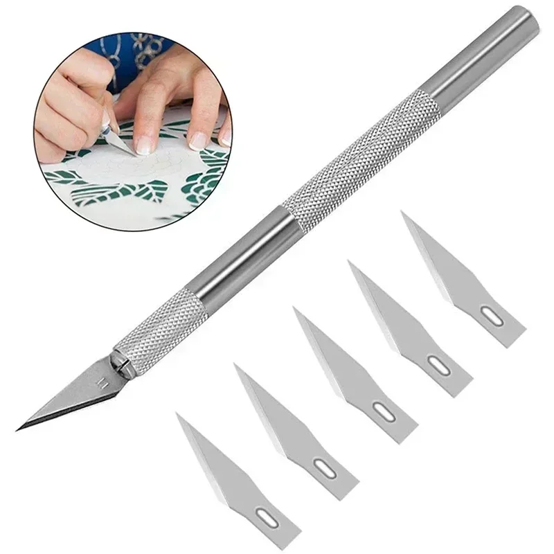 Kit de herramientas de cuchillo de metal antideslizante para grabado, cuchillos de grabado artesanal + 5 cuchillas, herramienta manual para reparación de PCB de teléfonos móviles DIY