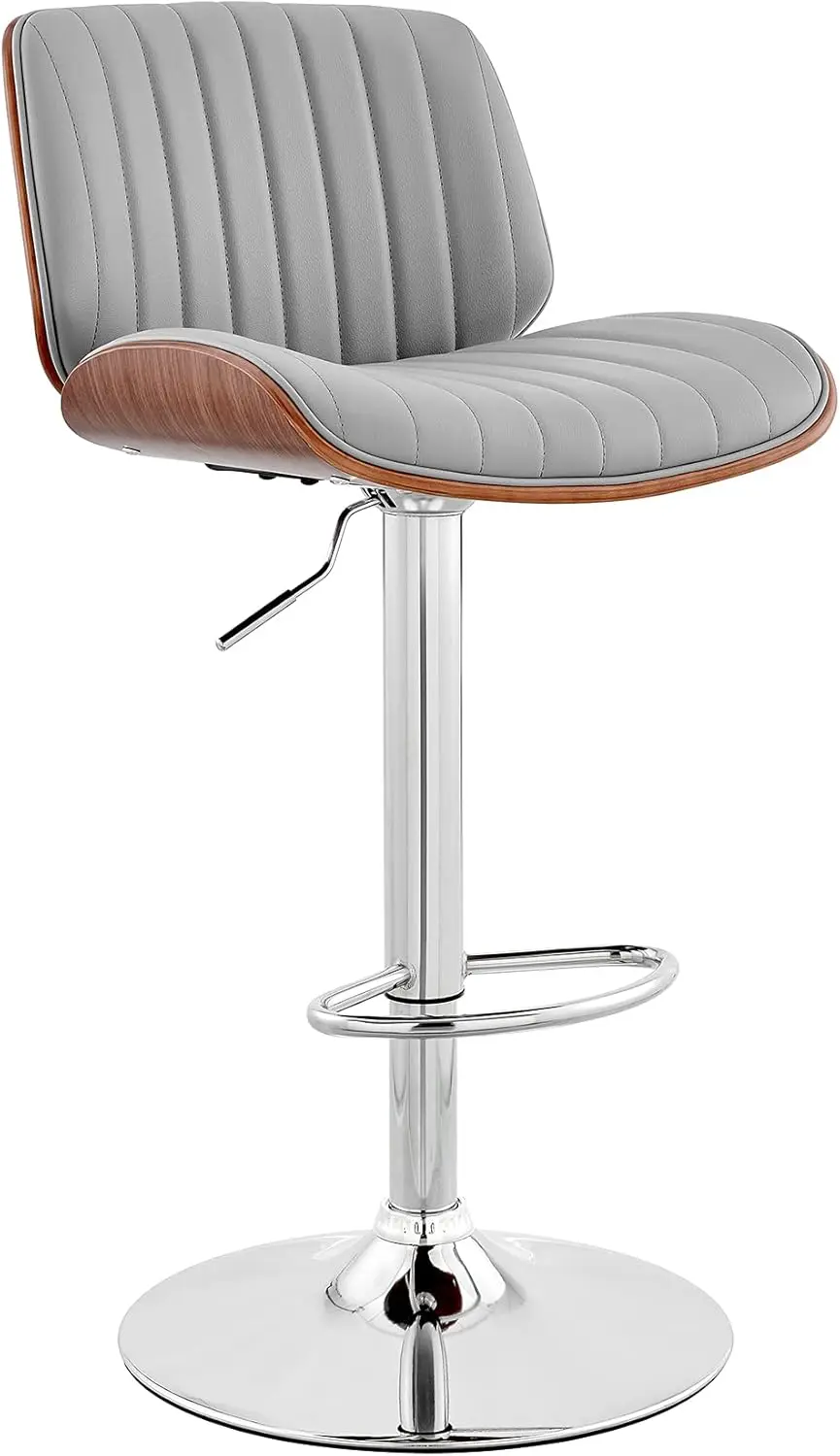 

Brock Modern Adjustable Height Swivel Gray Faux Leather and Walnut Wood Bar Stool with Chrome Base for Kitchen Island Counter