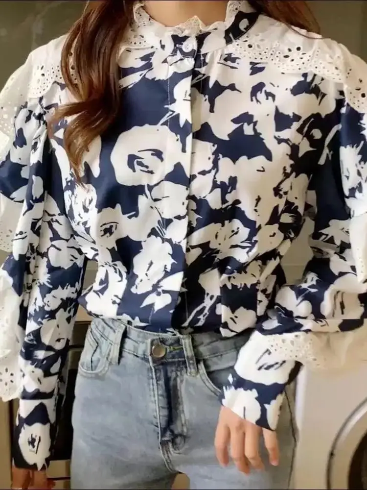 

Lace Wood Ear Women's Long Sleeve Shirt Cleanfit Style A-Line Sleeve Thin Polypropylene Fabric Short Sleeve Deformable