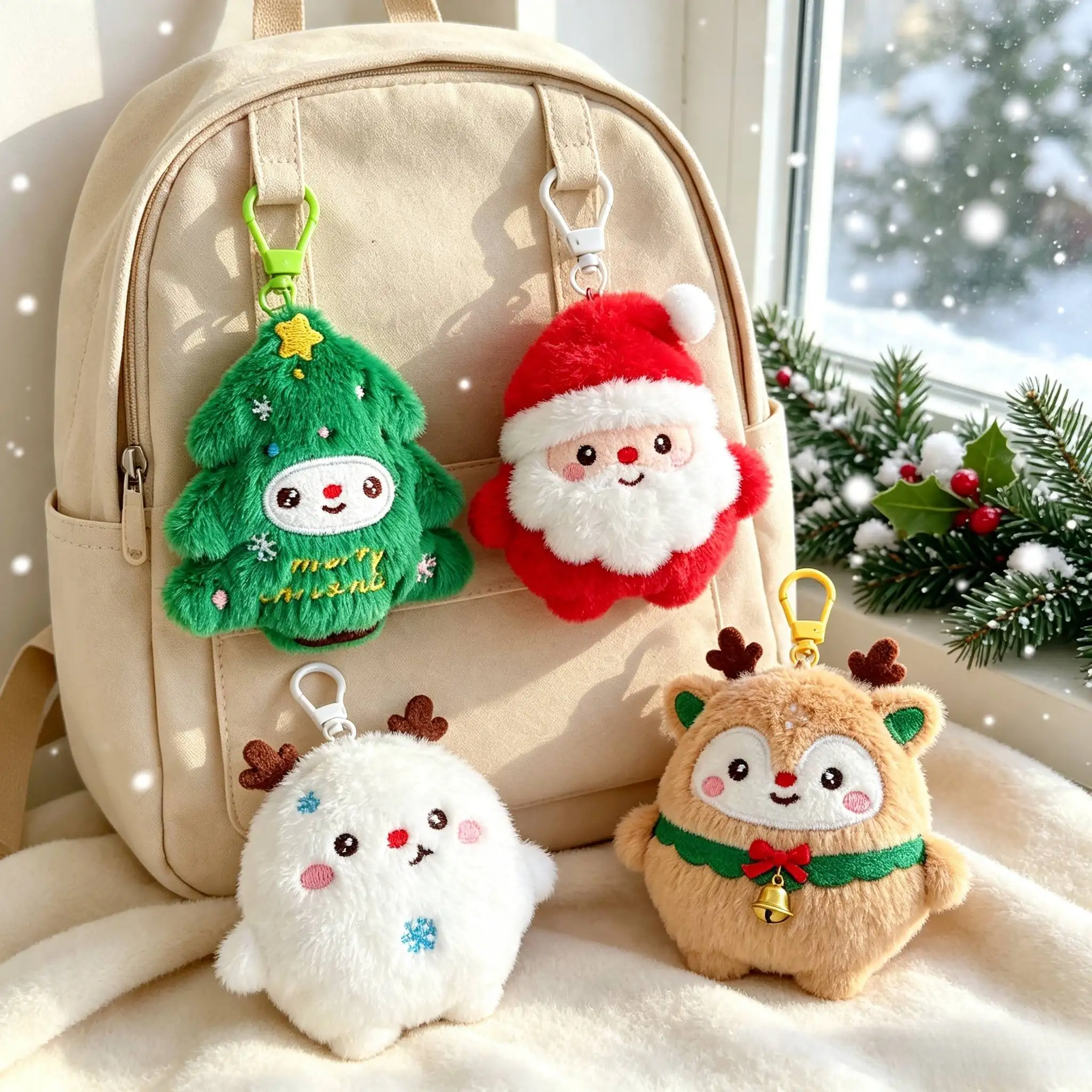 4pcs Christmas Plush Keychain Santa Reindeer Christmas Tree Snowman Pendant Backpack Pendant Decoration Christmas Party Gifts