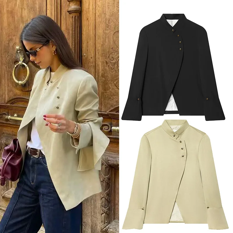 

Women's Ruffle Blazer New 2026 Spring Casual High Neck Long Sleeve Button Women Suits Office Lady Female Simple Chic Coats