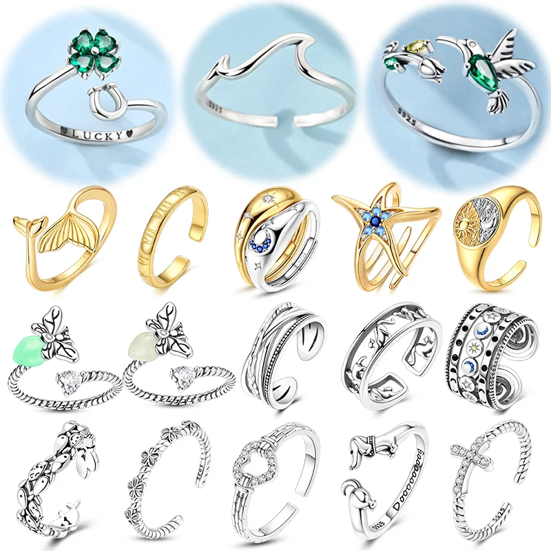 Original 925 Sterling Silver Adjustable Rings Sun Moon Love Cross Time Scale For Women High Quality Ladies Jewelry For Vacation