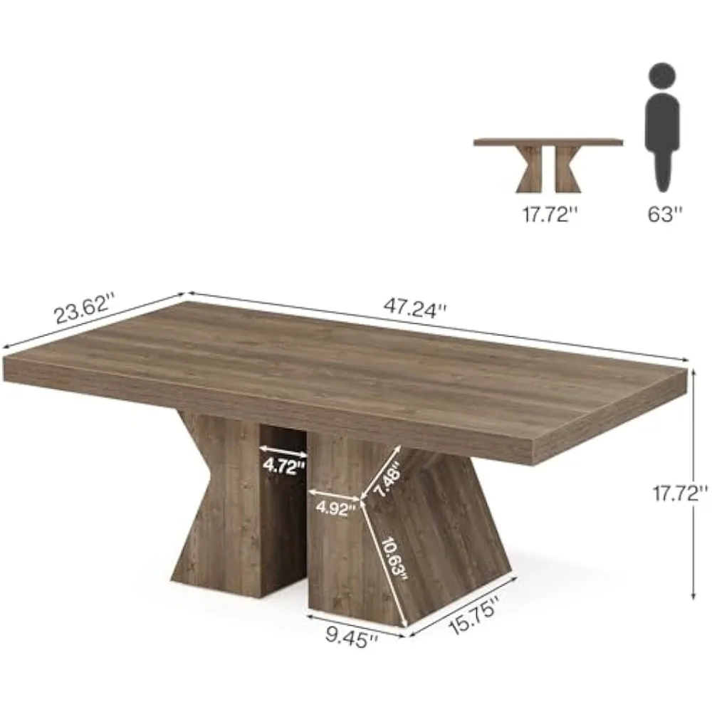 Wood Coffee Table, 47-Inch Rectangular Center Table with Thick Wooden Base, Farmhouse Wood-Look Cocktail Table for Living Room