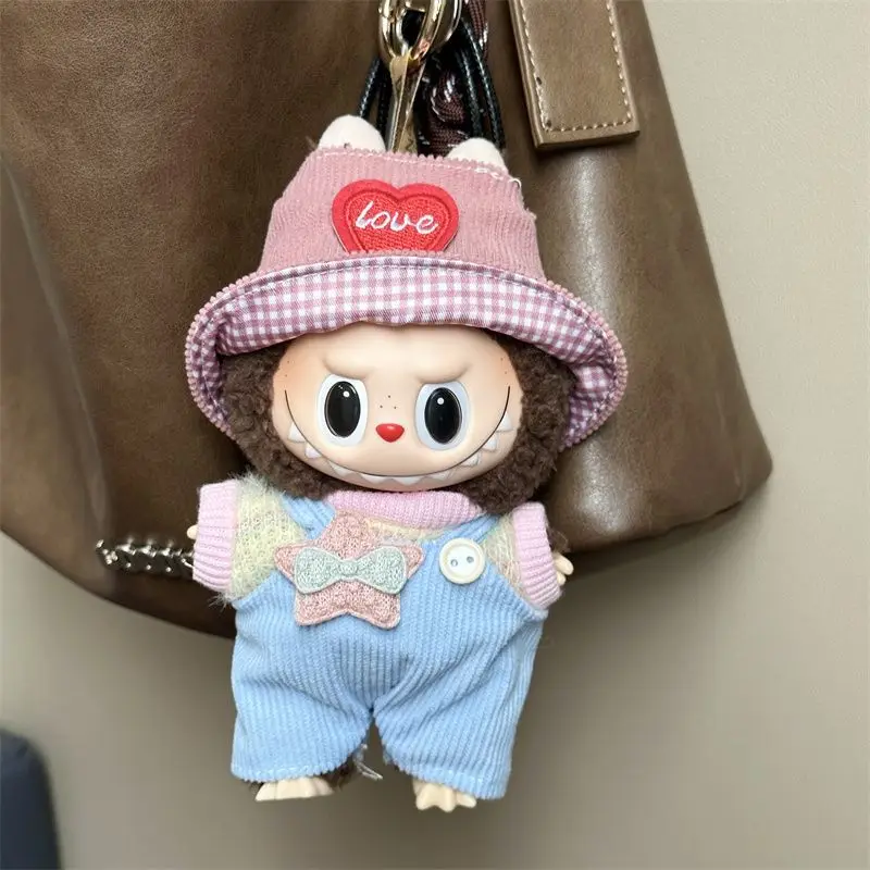 Süßes Outfit-Set für Labubu V1 V2 V3, Vinyl-Schlüsselanhänger, Overalls mit Fischerhut, bezaubernde Puppenkleidung zum Dekorieren