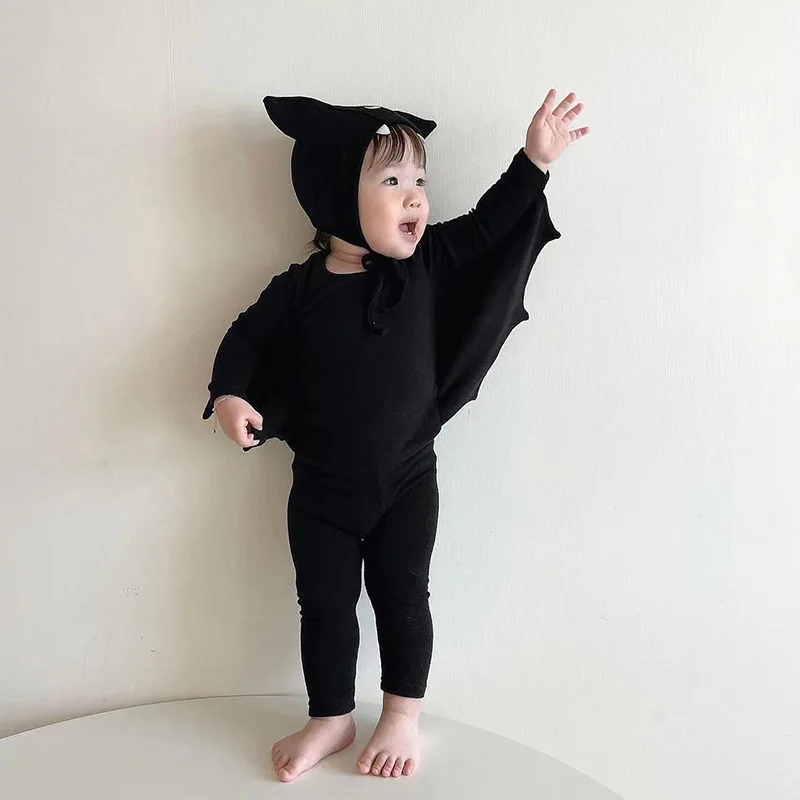 2024 New Baby Halloween Clothes Set Boys Girls Cute Bat Sleeve Bodysuit + Hat Toddler Fashion Kids Halloween Party Clothing