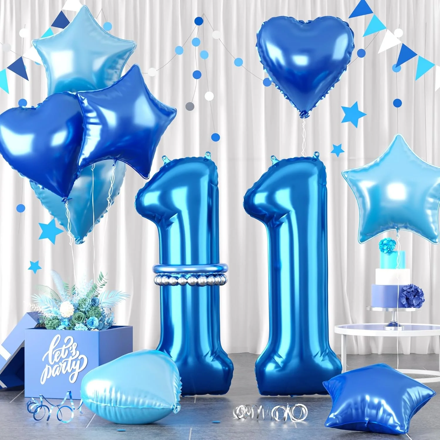 32inch Blue Number Balloon Set, Dark Blue Number 10~21 Balloon, Number Love Star Balloon Set, Blue Foil Star Heart Shape Balloon with Long Balloon Suitable for Birthday Party Shower Decoration