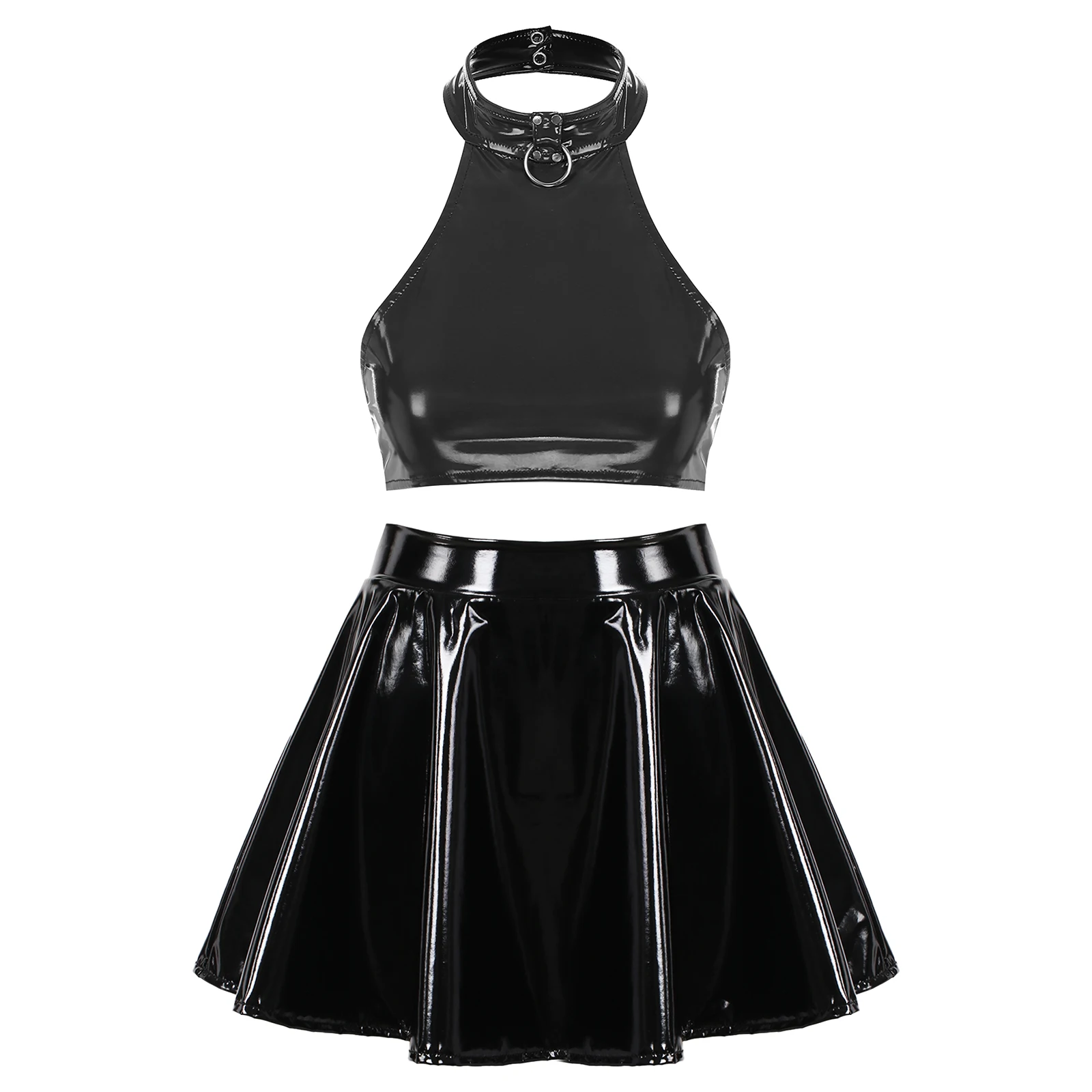 Womens Patent Leather Crop Top with Invisible Zipper Flared Skirt Pole Dance Costume Clubwear Festival Rave Party Outfit