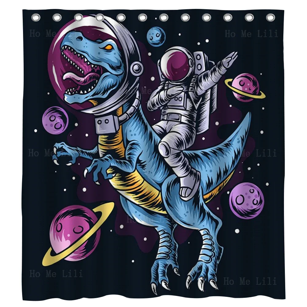 Flower Of The Universe Astronauts Drive Dinosaurs In Outer Space Filled With Planets Solar System Shower Curtain By Ho Me Lili