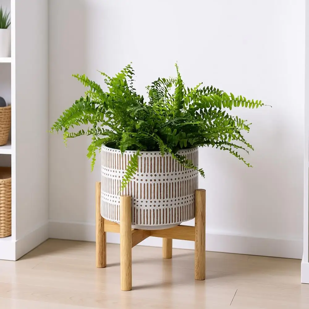 

Цветочный горшок Ceic с деревянной подставкой - круглый декоративный горшок для дома 7,3 дюйма с деревянным держателем, бежевый и белый