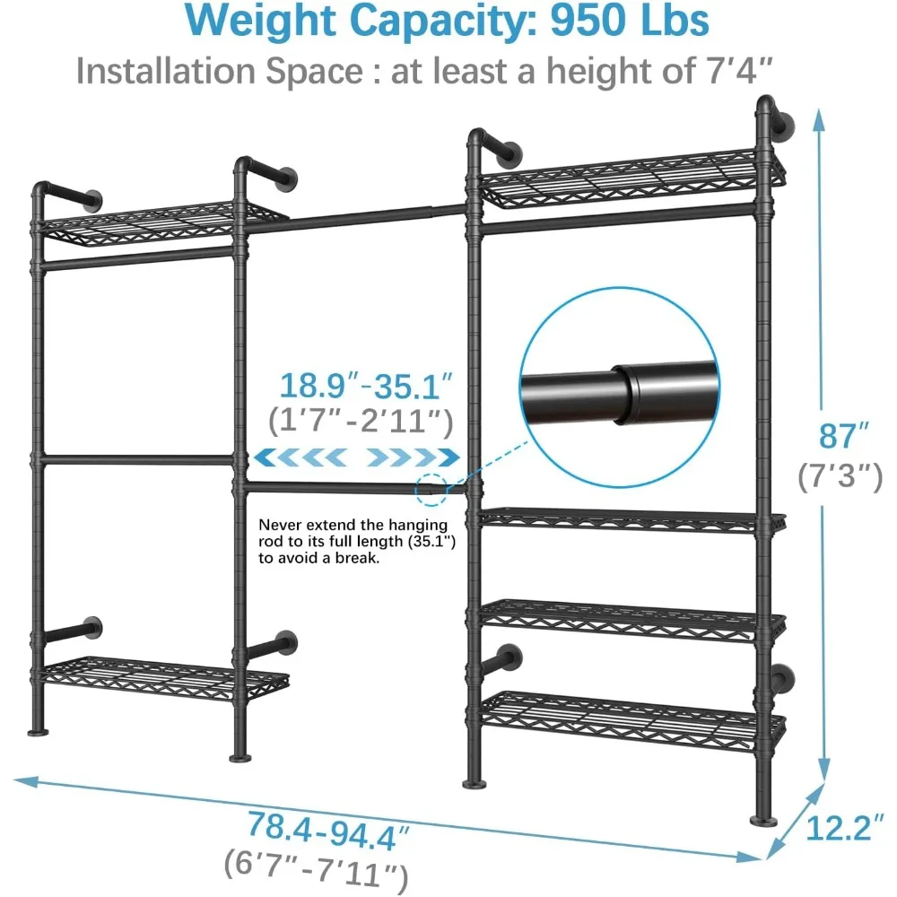 F3 Garment Rack Heavy Duty Clothes Rack for Hanging Clothes, Expandable Industrial Pipe Wall Mounted Clothing Racks