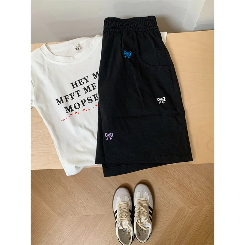 Summer High Quality Chic Bow Embroidery Cotton Shorts Women Loose Casual Elastic Waist Sports Pants