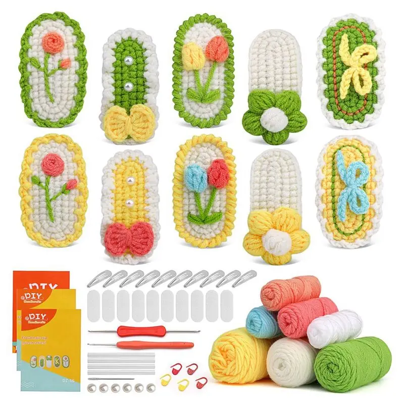 ABGE-10PCS Hairpins Crochet Kits For Beginners,Easy-To-Learn Hair Clips Knitting Kit With Step-By-Step Video Tutorials,2 Easy In