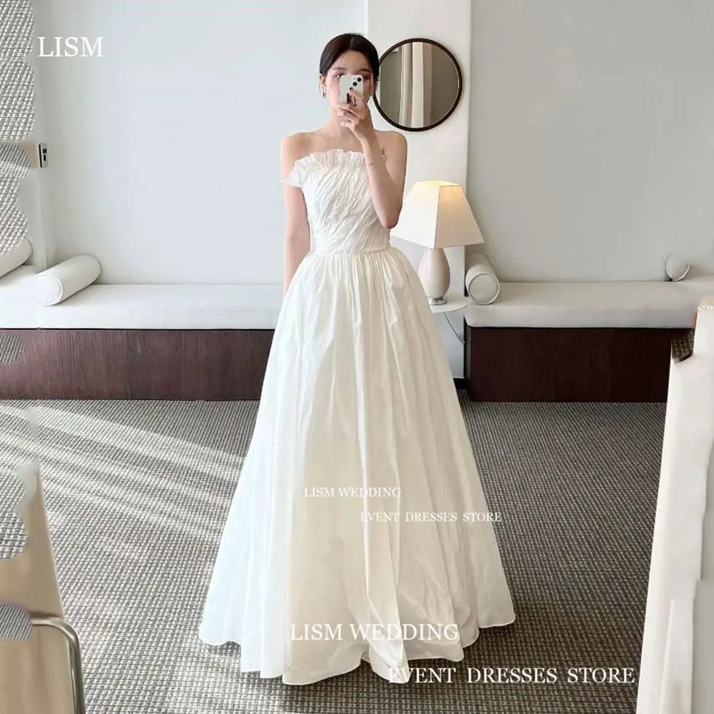 

LISM Simple Taffeta Crimping Wedding Dresses Korea Strapless Bride Dress Floor Length Photos Shoot Formal Party Dress