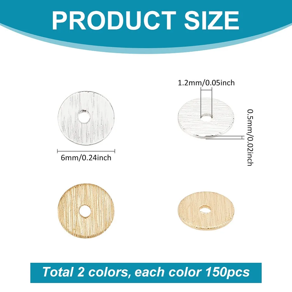 300pcs Heishi Spacer Beads 6mm Brass Disc Beads Gold Silver Flat Round Spacers Long-Lasting Plated Brass Loose Beads for Clay