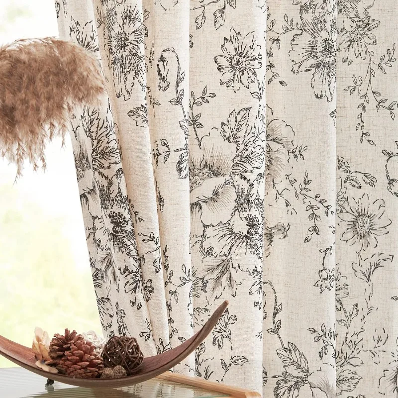 Linen Blend Curtains Floral Curtains for Living Room 90 Inch Length Black Printed Curtains Rod Pocket Back Tab Farmhouse Peony