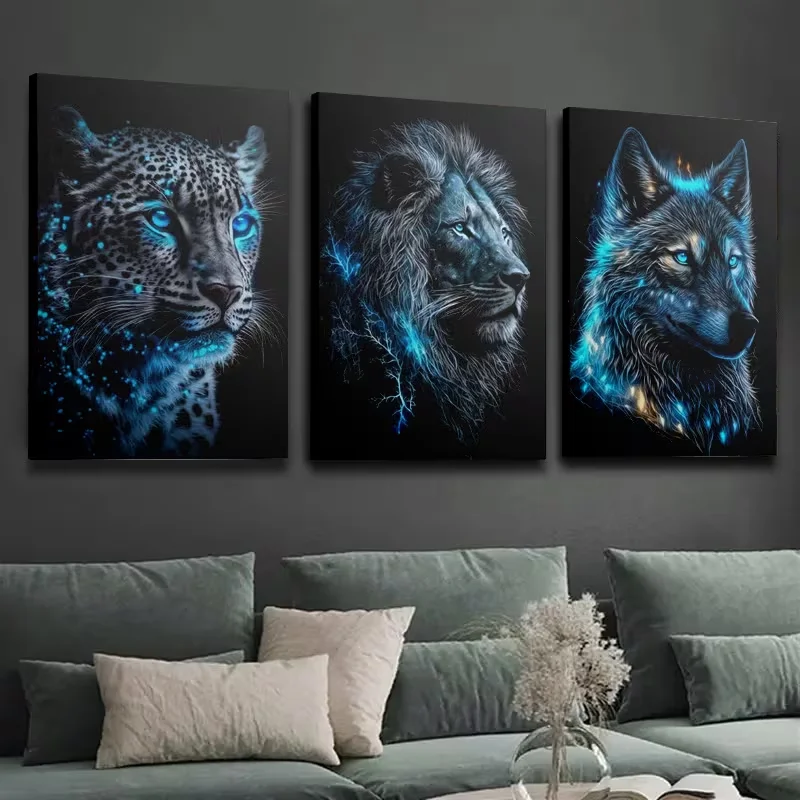 5D Diy Diamond Painting Triptych Blue Leopard Wolf Lion Full Square Round 3Pcs Diamond Embroidery Cross Stitch Kits Wall Decor