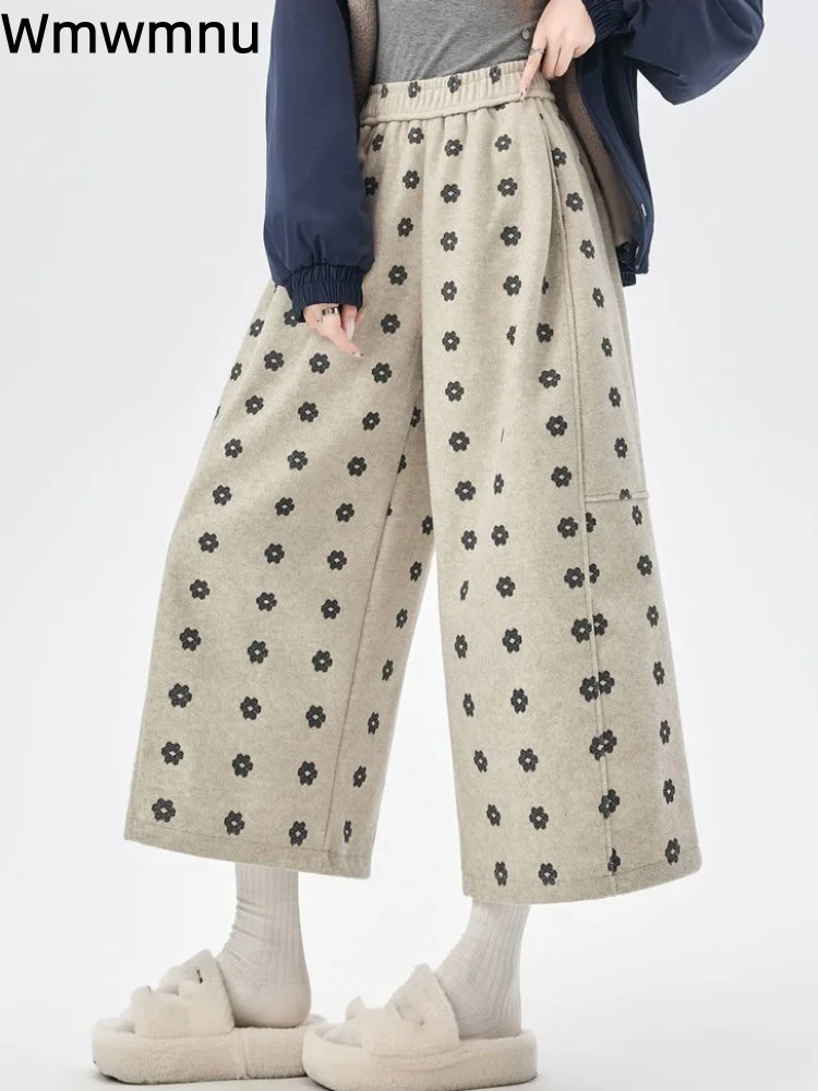 

Шерстяные широкие брюки с цветочным принтом, утолщенные эластичные мешковатые брюки с высокой талией, прямые женские повседневные брюки длиной до икры