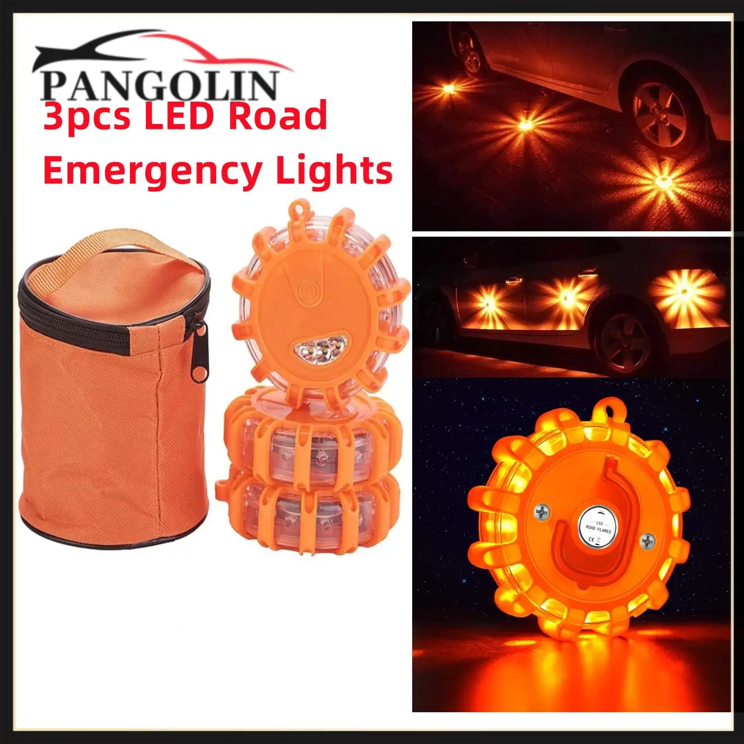LED 도로 플레어 비상 조명, 도로변 안전 신호 디스크 깜박이 경고 플레어 키트, 마그네틱 베이스 보관 가방 포함, 3 개