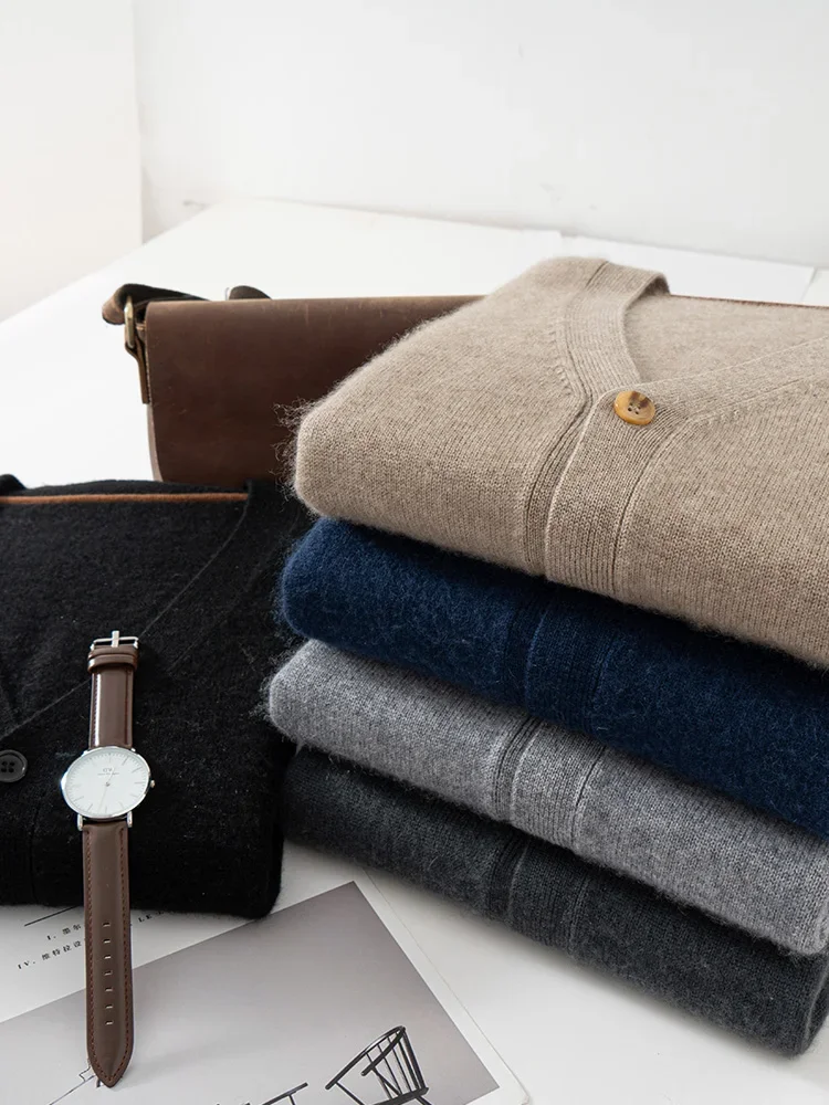 

New 100% Cashmere Men's Cardigan Sweater Autumn Winter Thick Knitted Jacket Solid Color Long-Sleeve High Quality V-neck Shirt