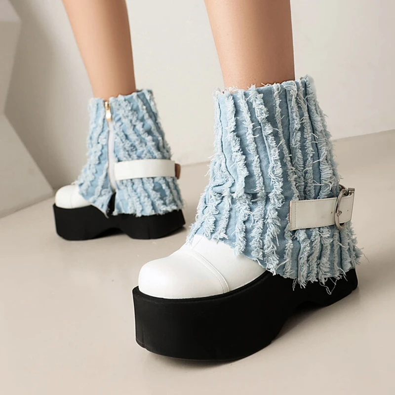 ORCHALISA 2024 Botas de diseño Tacones de cuña de 9 cm Plataforma alta de 5,5 cm Punta redonda Bota en el tobillo Talla grande 41 42 43 Negro Blanco