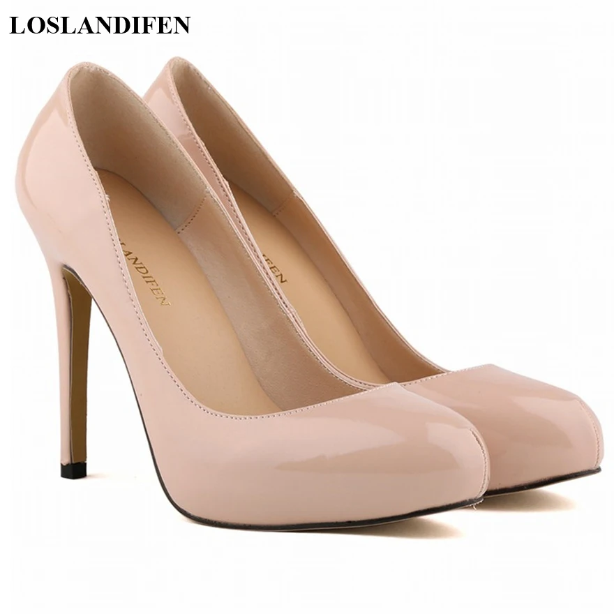 New Platform Concise Lady Office Shoes Patent Leather Round Toe High Heels Shoe Black Red Shallow Wedding Party Women Pumps
