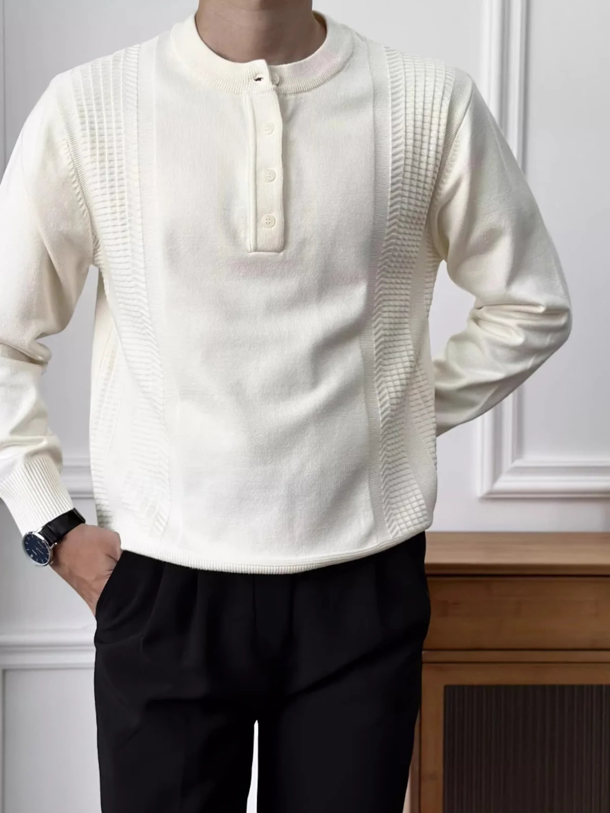 

Men's Knitted Pure Color Sweater Autumn Winter Henry Collar Button Flower Pattern Long Sve Faionable Urban Sle Base irt