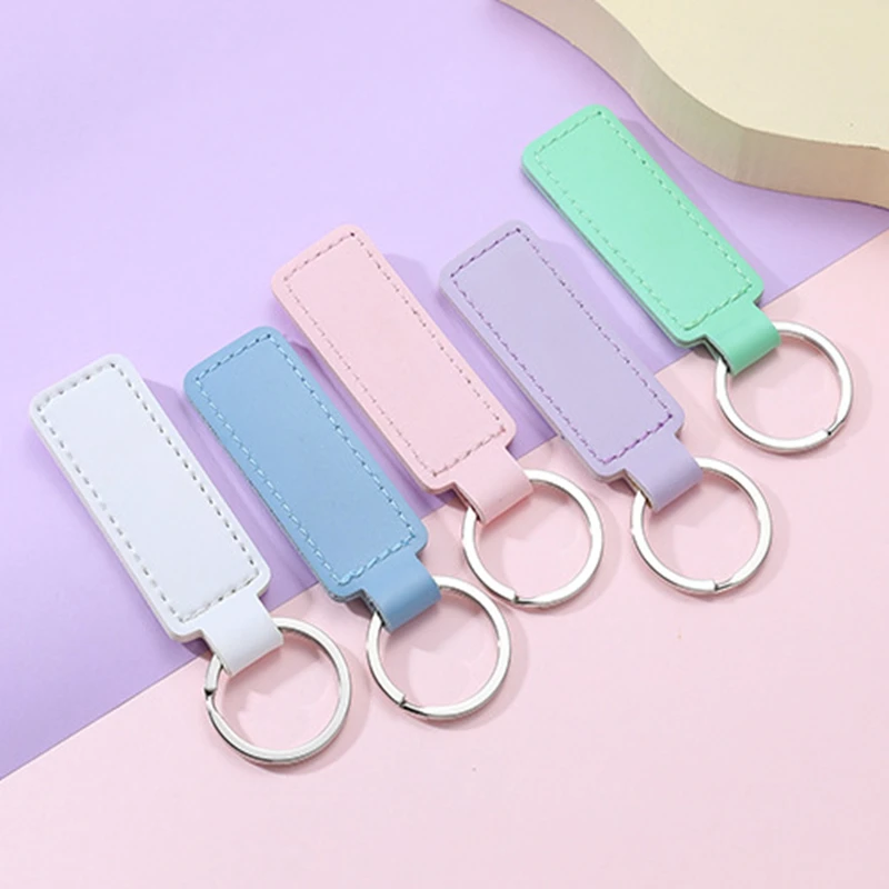 100pcs Short Doublesided PU Leather Keychain Car Thread Gift Metal Pendant Waist Strap Key Chain Simple Keyholder