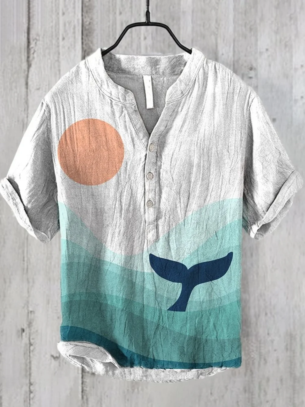 Men's Retro Short Sleeve V-Neck Polo Shirt 3-Button Casual Linen Pullover Ink Printed Summer New