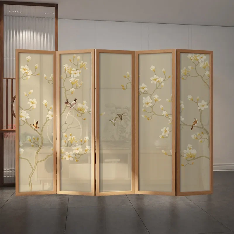 New Chinese Landscape Screen Partition for Living Room and Hotel Simple Modern Solid Wood Folding Mobile Divider