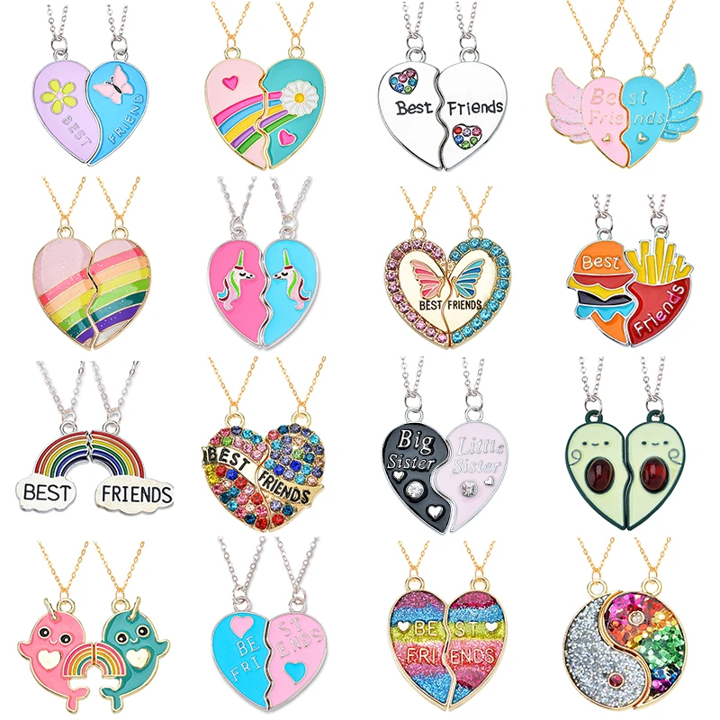 Peixin 2Pcs Colorful Enamel Rainbow Unicorn Butterfly Heart Best Friend Pendant for Women\'s Necklaces Valentines Gift Jewelry