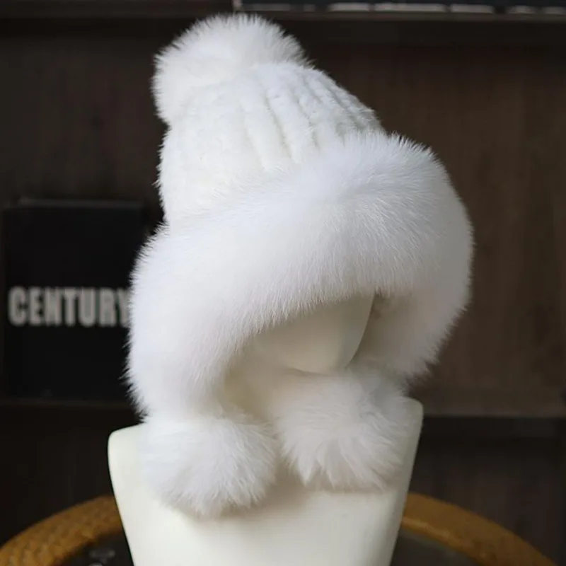 Mink Fur Hat for Women Winter Real Fur Ear Protection Hat handmade knitted Cap With Fox Fur Pompom Luxury Women natural fur cap