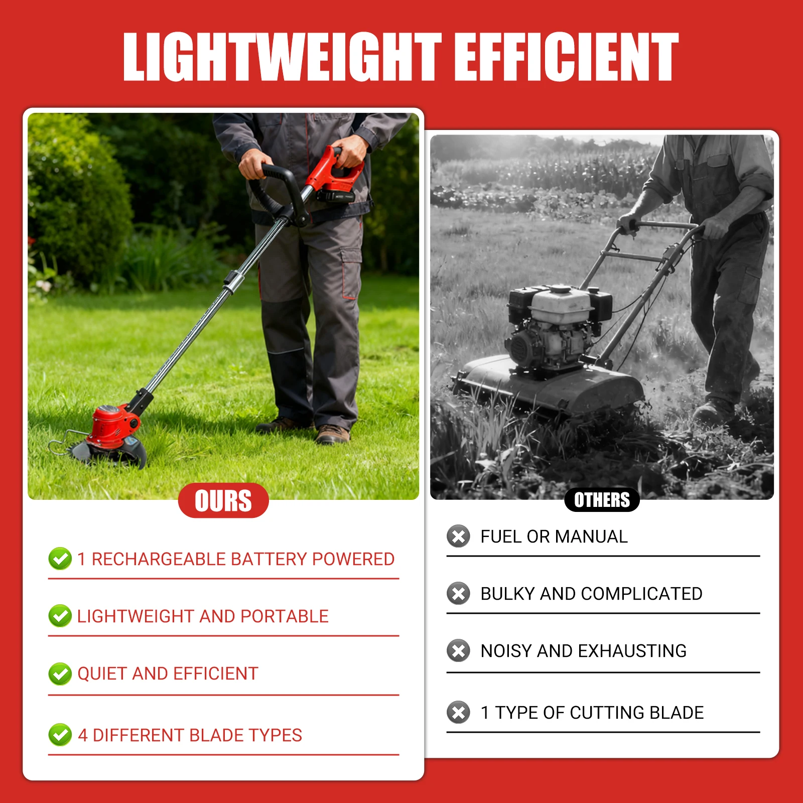 ماكينة تشذيب العشب اللاسلكية الاعشاب واكر جزازة العشب العشب المقلم شفرة فولاذية كربونية 2 بطاريات ليثيوم أيون تعمل بالطاقة و3 أنواع شفرة القطع