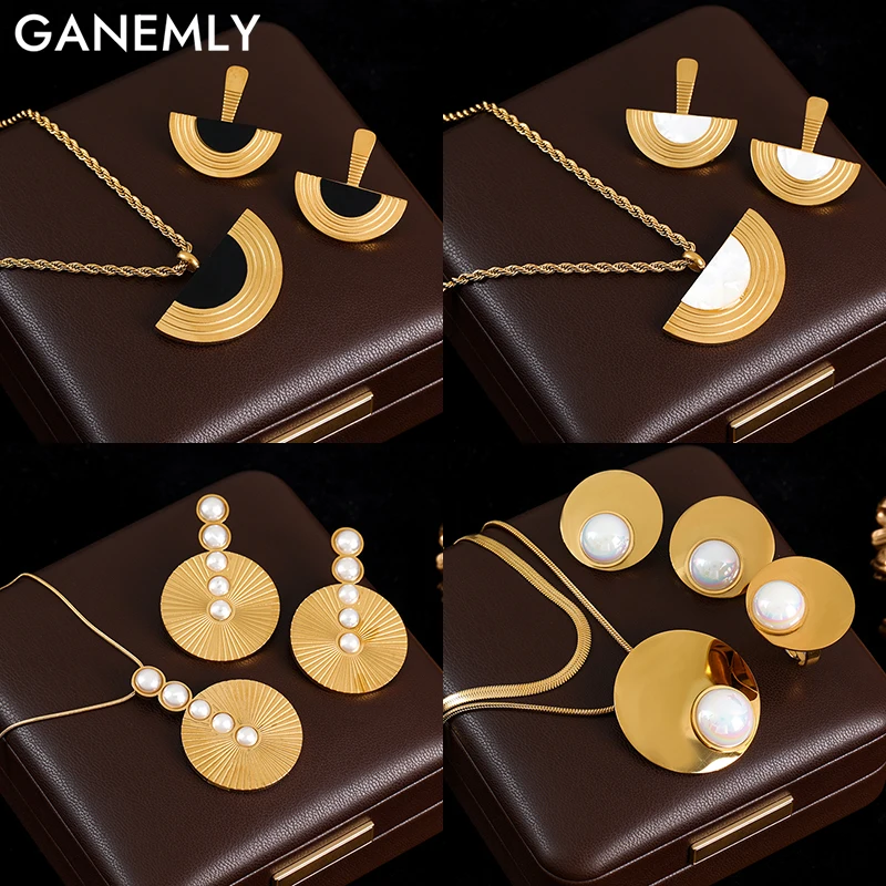 GANEMLY 316L Stainless Steel Exaggerated Geometric Round Pearls Necklace Earrings For Women Fashion Waterproof Jewelry Set Gift