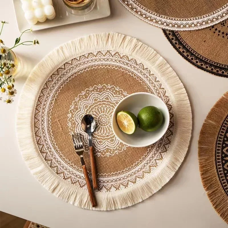 Round Jute Burlap Table Woven Placemats with Fringe,Vintage Place Mat Holidays Kitchen Everyday Table Decoration and Accessories