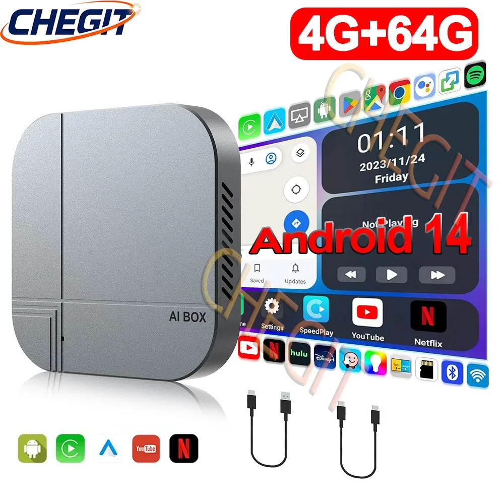 Android14 Smart AI Box 4G + 64G/2G + 16G inalámbrico CarPlay Android Auto TV Box para Youtube Netflix para VW Nissan Toyota Hyundai Ford