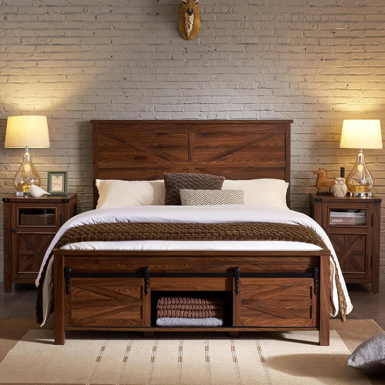 Jxqtlingmu-Farmhouse Madeira Cama Quadro, Queen Size, Deslizante Porta de Celeiro, Armários De Armazenamento E Cabeceira, Suporte De Slats De Madeira Maciça