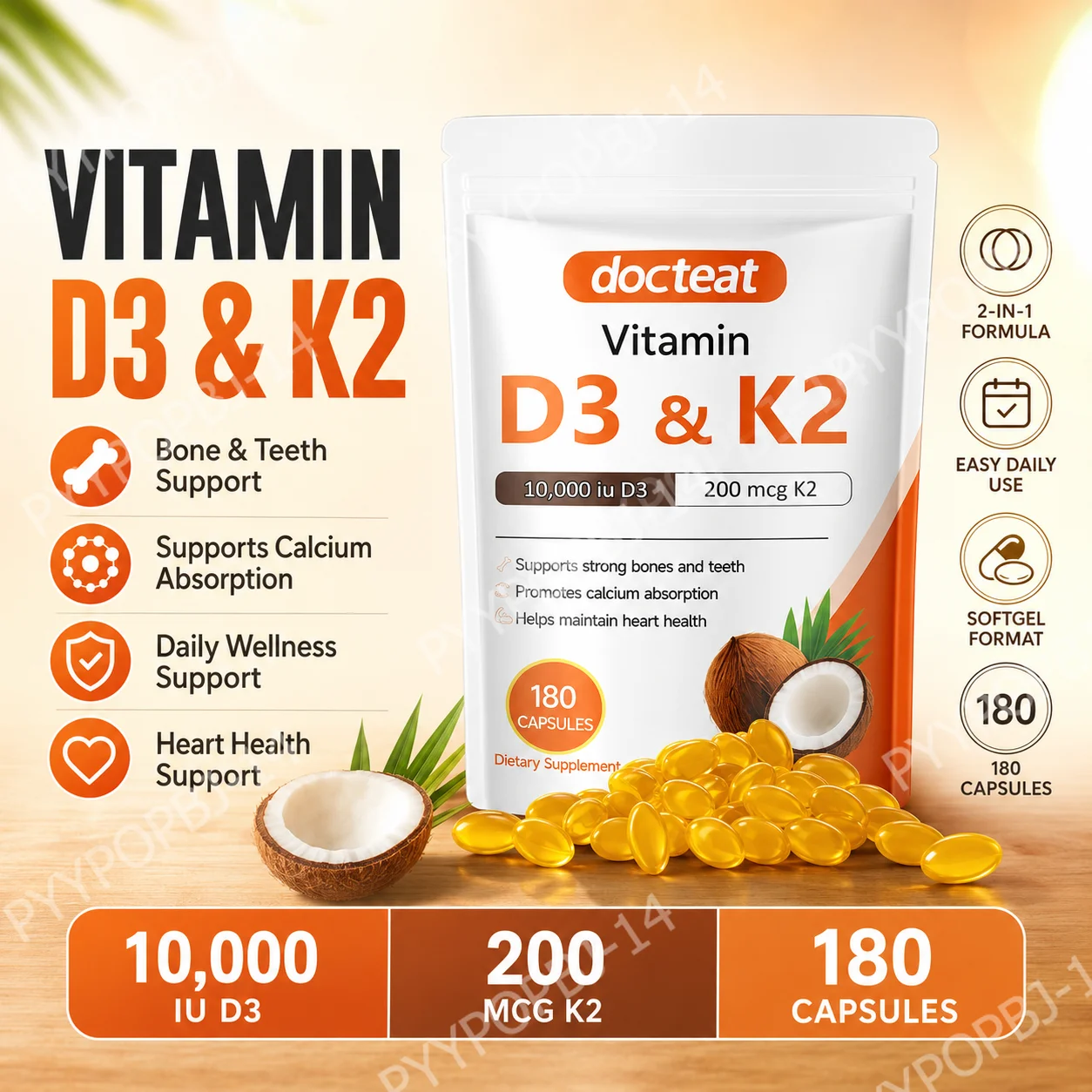 Cápsulas Blandas de Vitamina D3 y K2 Docteat - Apoyo para Huesos y Dientes, Promueve la Absorción de Calcio, Apoyo Cardiovascular, 180 Cápsulas Blandas