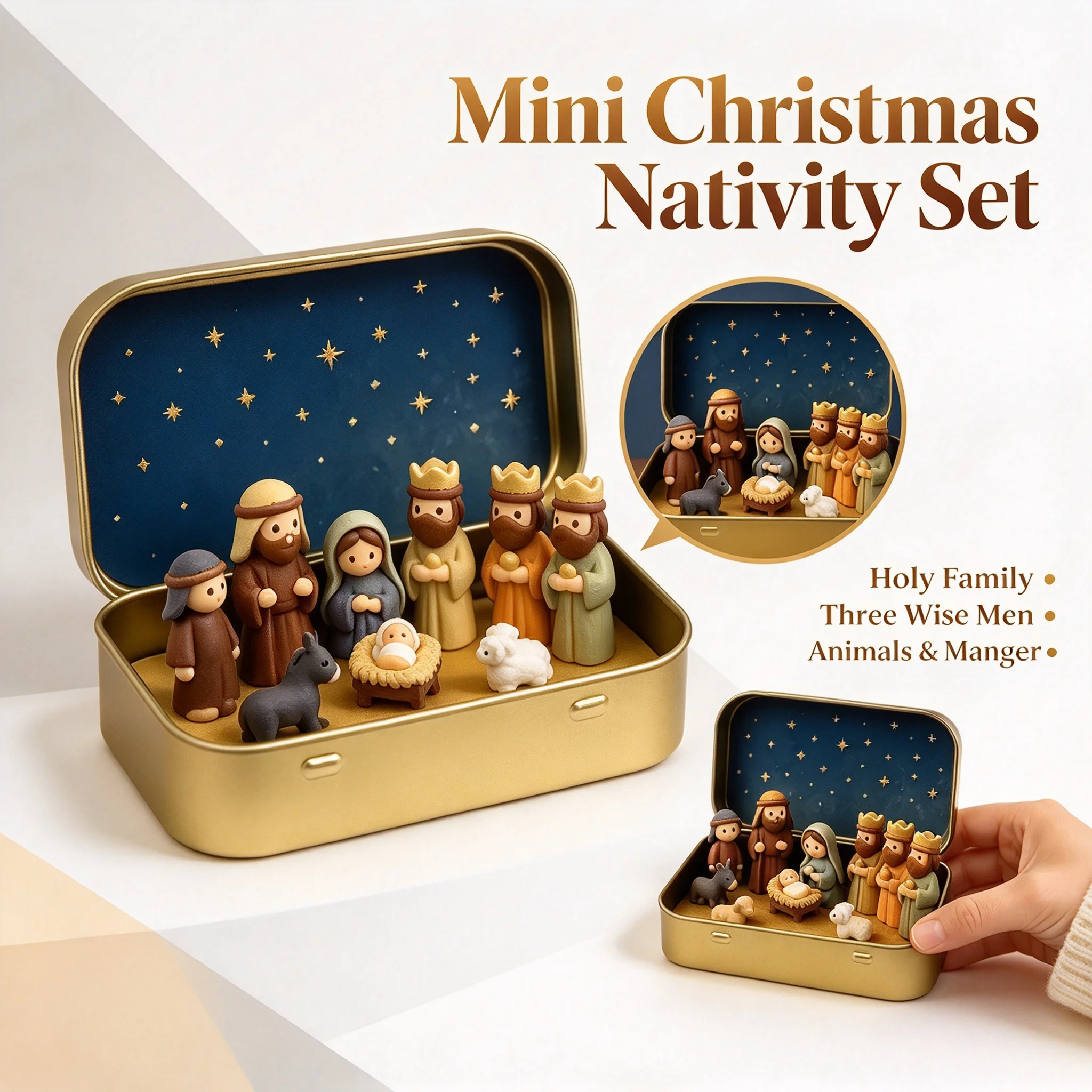 Mini Christmas Nativity Set in Tin Box Small Statue Handmade Mini Nativity Scene Box Pocket-Sized Nativity Scene Decoration Gift