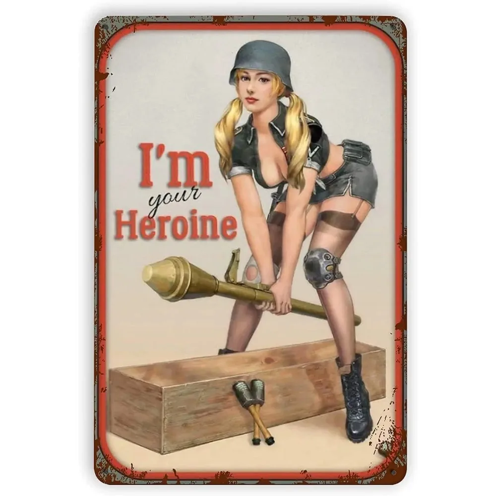 Vintage Aluminium Military Pin Up Girl Tin Sign, Blonde Twin Pigtails Combat Outfit Wall Decor for Garage & Bar Home