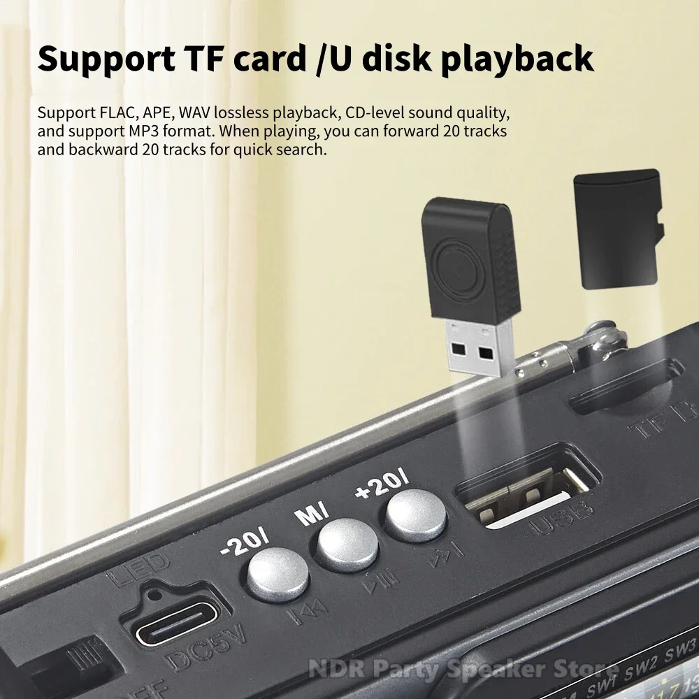 AM FM SW Радио Портативные большие колонки Отличный звук, поддержка USB-флеш-накопителя/TF-карты/Bluetooth 5,3 Ручки настройки для подарков