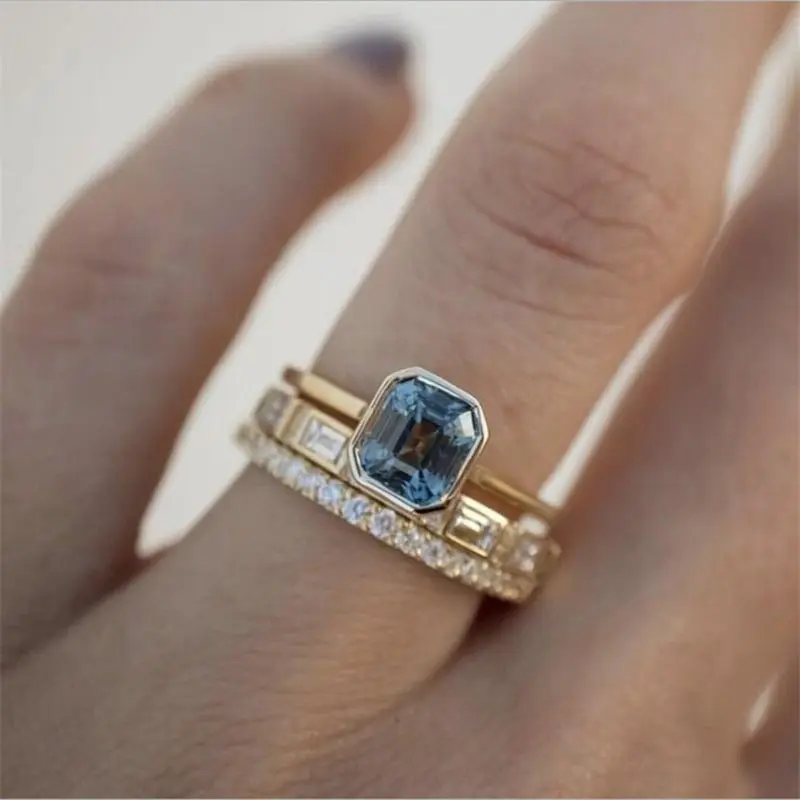 3pcs Acid Blue Crystal Rings for Women Fashion Yellow Gold Color Wedding Women\'s Ring Luxury Brand Jewelry Gifts Accessories